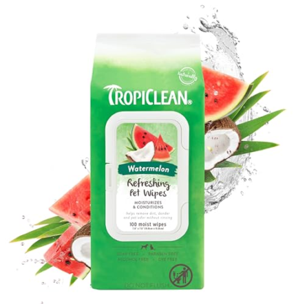 TropiClean Watermelon Dog Wipes for Paws and Butt | Deep Cleaning Dog Grooming Wipes | Safe for the Face | Cat Friendly | 100 Count