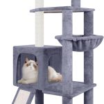 55" Cat Tree Tower with Scratching Board & Posts Cozy Sleeping Perch Hammock and Toy Balls,Grey