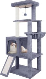 55" Cat Tree Tower with Scratching Board & Posts Cozy Sleeping Perch Hammock and Toy Balls,Grey