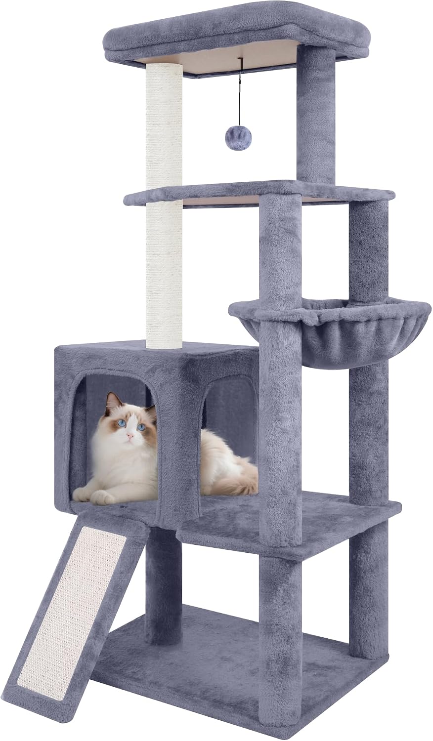 71wzhRyQ3GL-_AC_SL1500_.jpg 55" Cat Tree Tower with Scratching Board & Posts Cozy Sleeping Perch Hammock and Toy Balls,Grey - Image 1