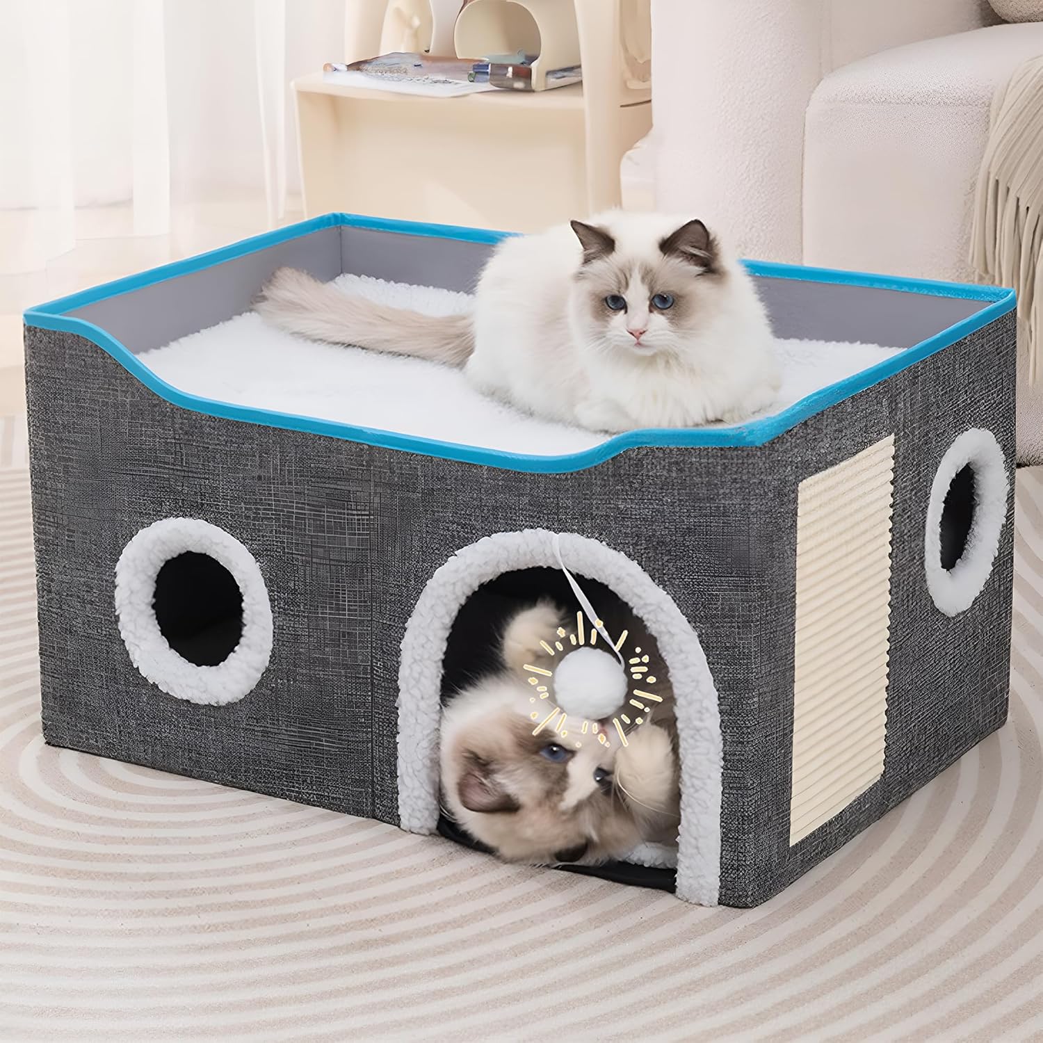 81pwfhIwj4L-_AC_SL1500_.jpg Large Cat Bed Cave with Scratch Pad and Fluffy Ball - Image 1